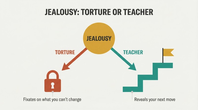 Fork diagram splitting jealousy into two diverging paths: a descending torture path ending at a locked padlock versus an ascending teacher path leading to a staircase with a flag.