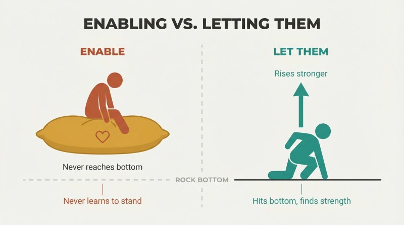 Split panel showing a slumped figure suspended on a cushion above rock bottom versus a figure pushing up from rock bottom and rising, contrasting how shielding from consequences prevents growth while facing them builds strength.