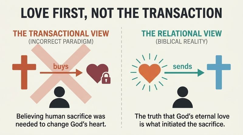 A side-by-side comparison illustrating that the cross did not buy God's love, but rather God's preexisting love sent the cross.
