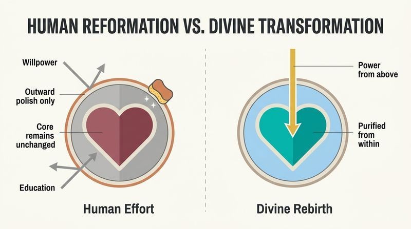 Split-panel diagram contrasting external human efforts that fail to penetrate the heart's core with divine grace descending from above to completely transform it from within.