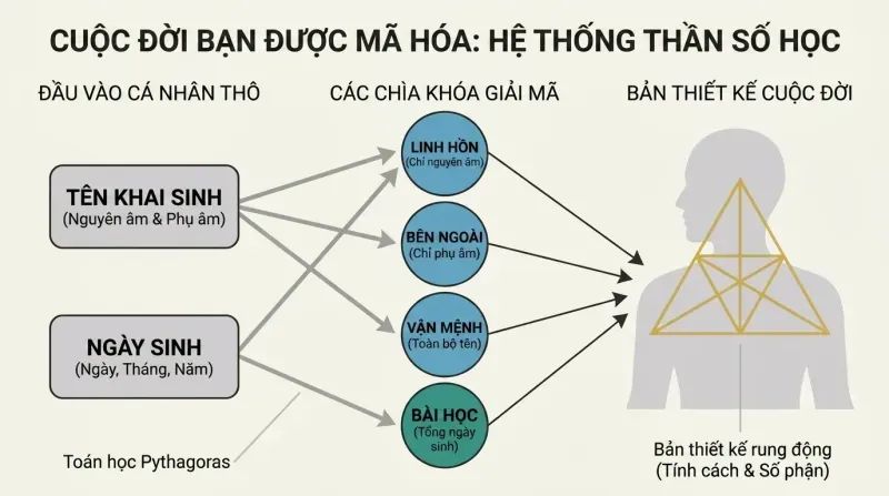 System diagram showing how a person's birth name and birth date decode into four core vibrational numbers that map their entire life blueprint.