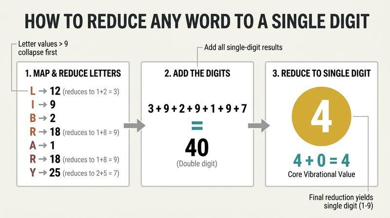 A three-step transformation diagram demonstrating how the word LIBRARY maps to numbers, collapses to intermediate digits, sums to 40, and reduces to the final single digit 4.