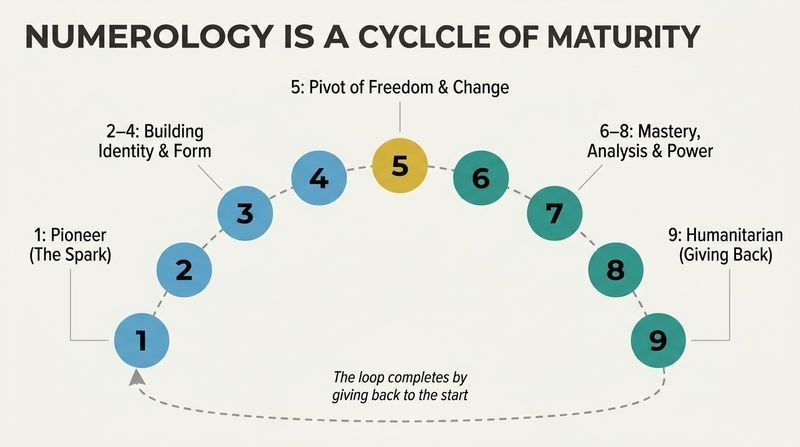 Symmetrical arc diagram showing the developmental journey of numbers 1 to 9, peaking at the pivot of 5 and looping back from 9 to show giving back.