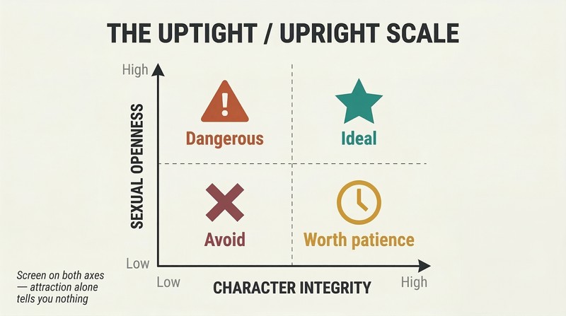 Two-by-two matrix plotting sexual openness against character integrity, revealing four distinct quadrant outcomes from ideal partner to avoid entirely.