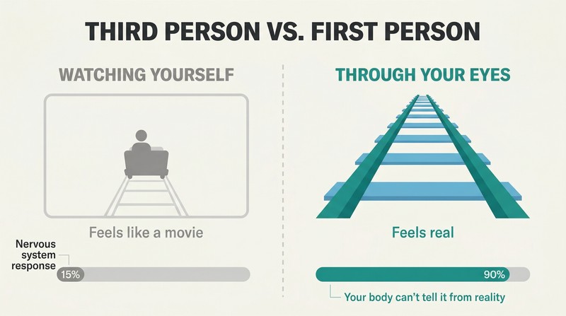 Split panel comparing a detached third-person view of a roller coaster rider on the left with an immersive first-person view of tracks rushing forward on the right, showing only first-person visualization triggers real nervous system response.
