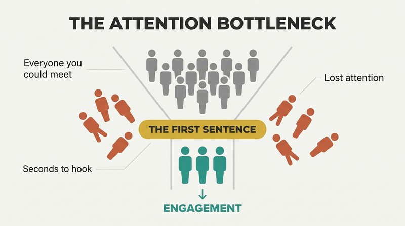 Funnel diagram showing many silhouette figures narrowing through an opening-line bottleneck, with most bouncing off and only a few passing through to engagement.