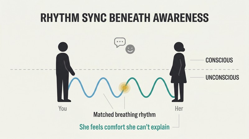 Two silhouette figures separated by a dashed awareness threshold, with synchronized breathing waves flowing between them below the line, showing how unconscious mirroring creates felt rapport.