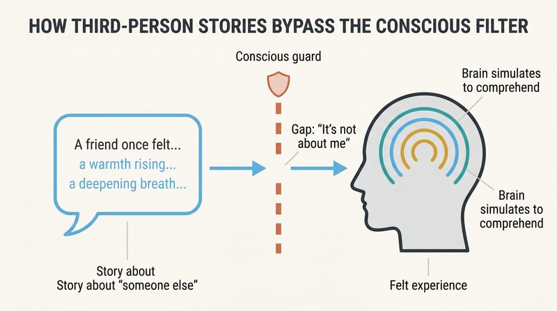 Horizontal flow showing a third-person story passing through a conscious resistance barrier and transforming into felt sensory experience inside a listener's mind.