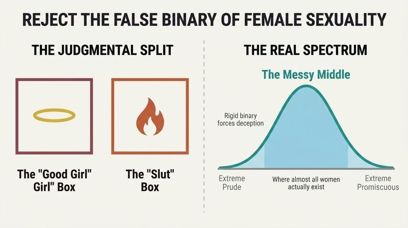 Split panel diagram contrasting the false binary of women split into "good girls" versus "sluts" with the reality of a bell-curve spectrum where most women occupy a healthy middle ground.