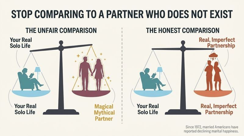 Split panel infographic showing two scales: one unfairly comparing peaceful single life to a glowing, non-existent fantasy partner, and the other honestly comparing single life to a real, imperfect relationship.