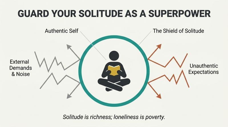 A conceptual diagram showing a peaceful silhouette inside a protective teal circle shield that deflects external chaotic arrows, illustrating how protected solitude preserves the authentic self.