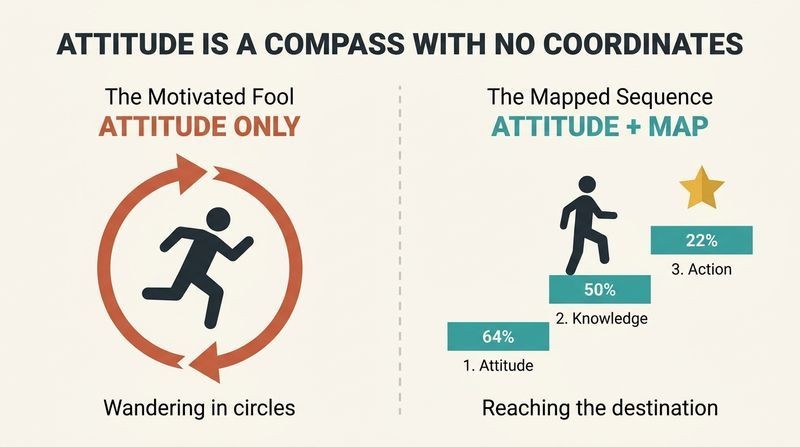 Split-panel diagram contrasting a person running in circles with attitude only against a person climbing steps of attitude, knowledge, and action to reach a goal.