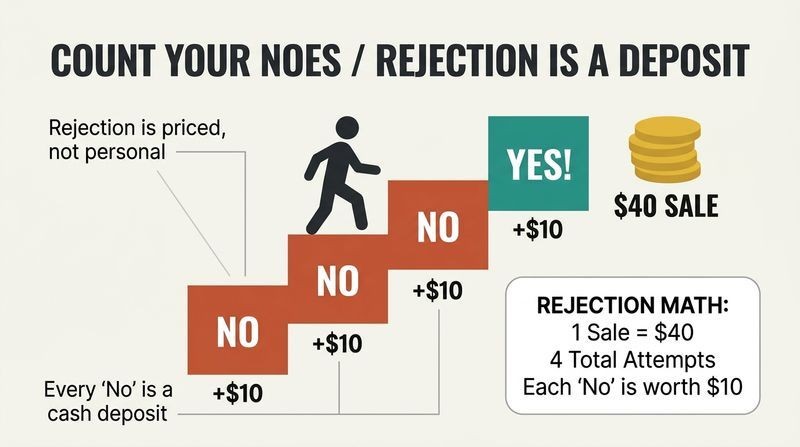 An ascending staircase where the first steps are terracotta blocks labeled "NO" and the top step is a teal block labeled "YES!", showing how every rejection carries a mathematical cash value toward the final sale.