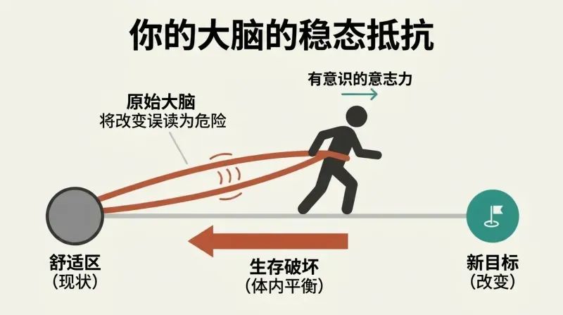 Diagram showing a minimalist character trying to walk toward a "New Goal" but being pulled backward by a thick elastic band labeled "Ancient Brain" anchored to their "Comfort Zone."