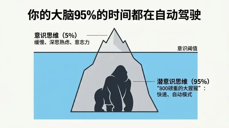 Iceberg diagram showing the tiny conscious mind above the waterline and a massive submerged subconscious mind containing a giant gorilla silhouette.