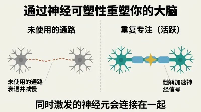 Split diagram comparing a weak, unused neural pathway that decays against a thick, myelinated pathway strengthened by repeated focus.