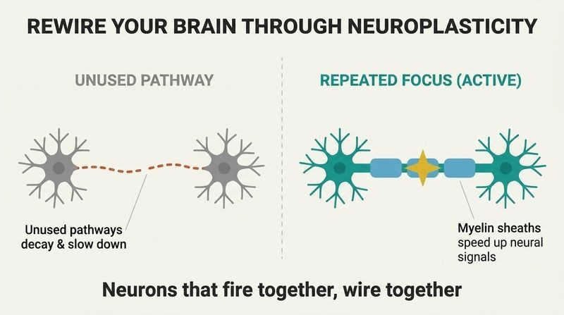 Split diagram comparing a weak, unused neural pathway that decays against a thick, myelinated pathway strengthened by repeated focus.