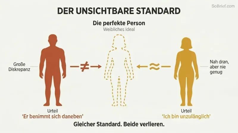 A feminine silhouette template at center with a male silhouette on the left showing large mismatch gaps and a female silhouette on the right showing smaller gaps, both receiving negative verdicts from one standard.