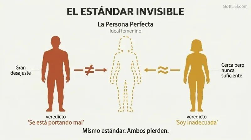 A feminine silhouette template at center with a male silhouette on the left showing large mismatch gaps and a female silhouette on the right showing smaller gaps, both receiving negative verdicts from one standard.