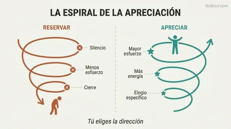 Split panel comparing a downward spiral of withheld appreciation leading to shutdown against an upward spiral of specific appreciation fueling greater effort.