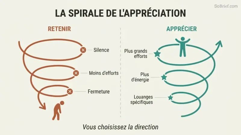 Split panel comparing a downward spiral of withheld appreciation leading to shutdown against an upward spiral of specific appreciation fueling greater effort.