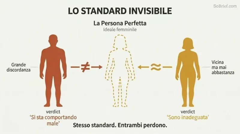 A feminine silhouette template at center with a male silhouette on the left showing large mismatch gaps and a female silhouette on the right showing smaller gaps, both receiving negative verdicts from one standard.