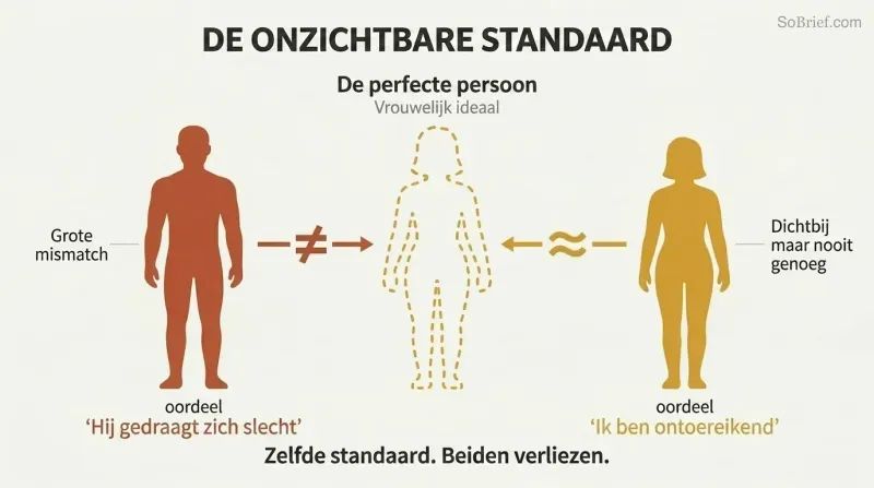 A feminine silhouette template at center with a male silhouette on the left showing large mismatch gaps and a female silhouette on the right showing smaller gaps, both receiving negative verdicts from one standard.