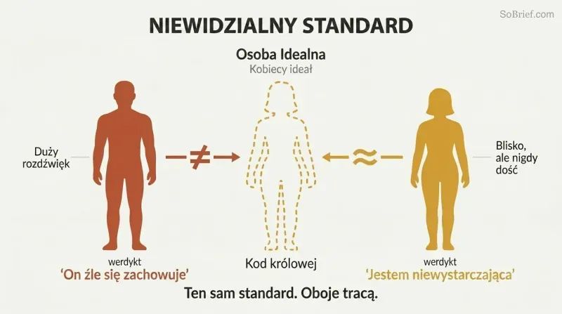 A feminine silhouette template at center with a male silhouette on the left showing large mismatch gaps and a female silhouette on the right showing smaller gaps, both receiving negative verdicts from one standard.