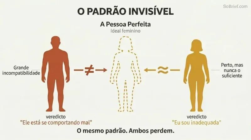 A feminine silhouette template at center with a male silhouette on the left showing large mismatch gaps and a female silhouette on the right showing smaller gaps, both receiving negative verdicts from one standard.