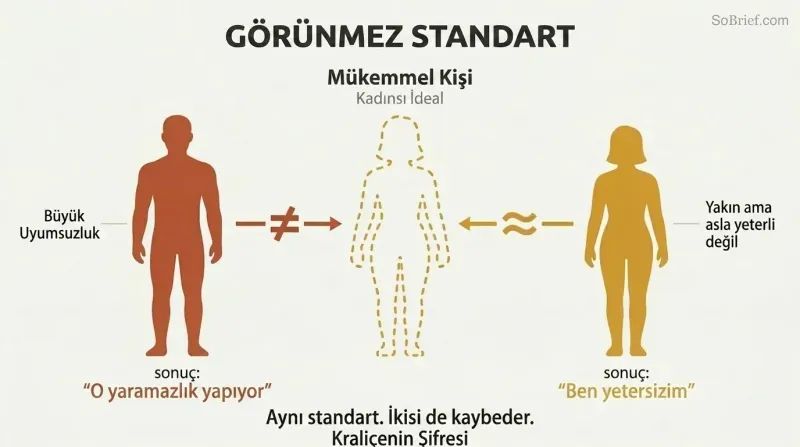 A feminine silhouette template at center with a male silhouette on the left showing large mismatch gaps and a female silhouette on the right showing smaller gaps, both receiving negative verdicts from one standard.