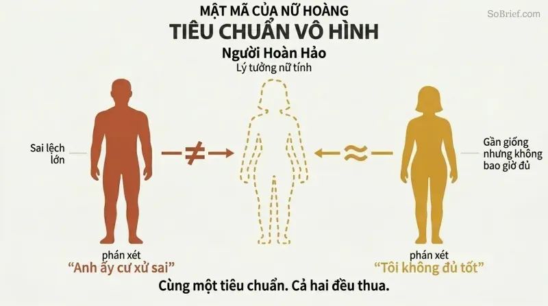 A feminine silhouette template at center with a male silhouette on the left showing large mismatch gaps and a female silhouette on the right showing smaller gaps, both receiving negative verdicts from one standard.