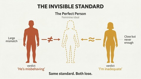 A feminine silhouette template at center with a male silhouette on the left showing large mismatch gaps and a female silhouette on the right showing smaller gaps, both receiving negative verdicts from one standard.