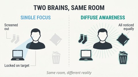 Split panel showing the same room perceived two ways: single focus sees only a laptop while other objects fade, diffuse awareness sees every object equally highlighted.
