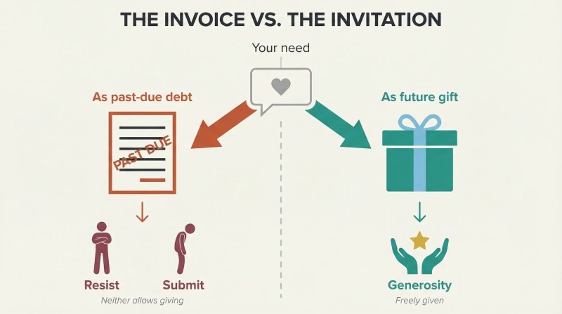 Fork showing the same need packaged as a past-due invoice leading to resistance or submission, versus packaged as a gift enabling generosity.