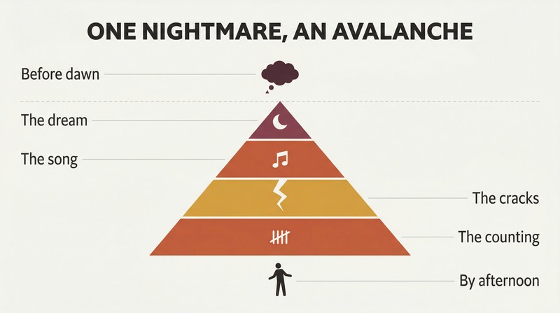 Small dark cloud at the top of an inverted triangle cascading downward into widening layers of compulsive behaviors that overwhelm a silhouette figure at the bottom.