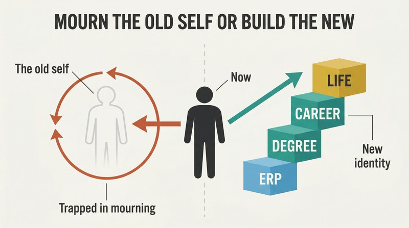 Fork diagram showing a figure at center choosing between looking backward at a fading past self or building upward toward a new growing identity.