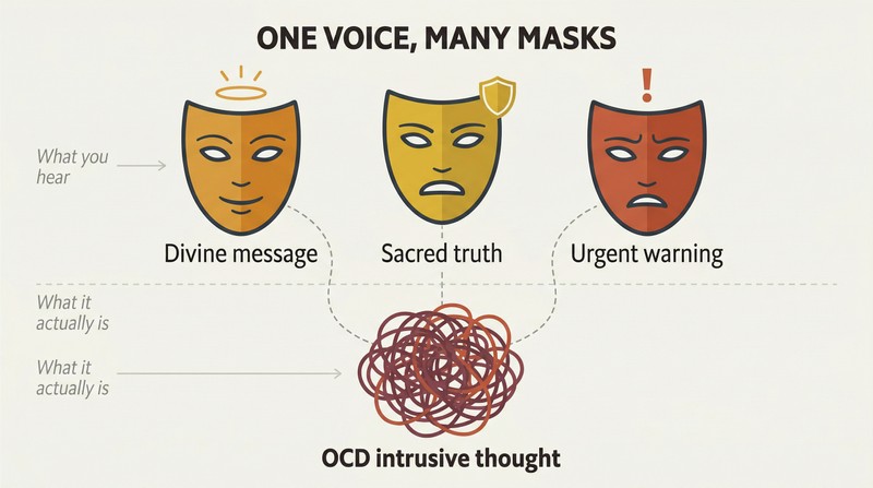Three theatrical masks labeled as sacred truth, divine message, and urgent warning, each connected by strings to a single dark tangled mass representing OCD below them.