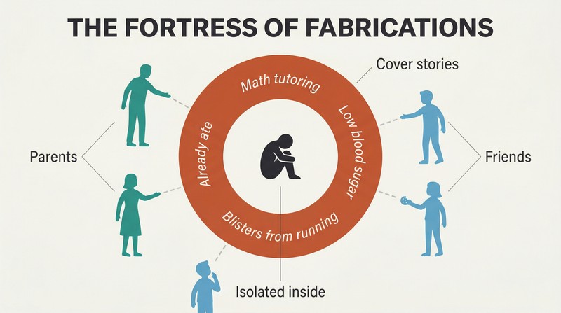A lone figure trapped inside a thick ring of labeled lies, with loved ones standing outside unable to reach through the barrier.