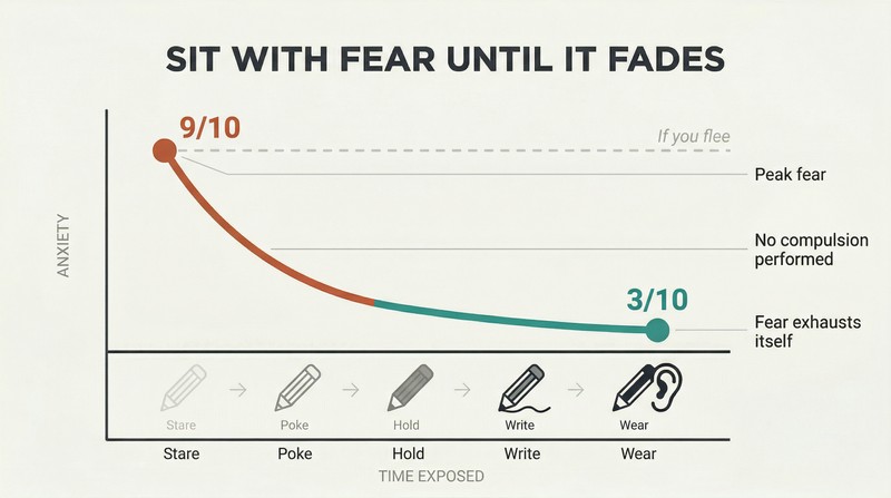 Declining anxiety curve showing fear starting at peak intensity and naturally dropping over time when the person stays with the trigger instead of fleeing.