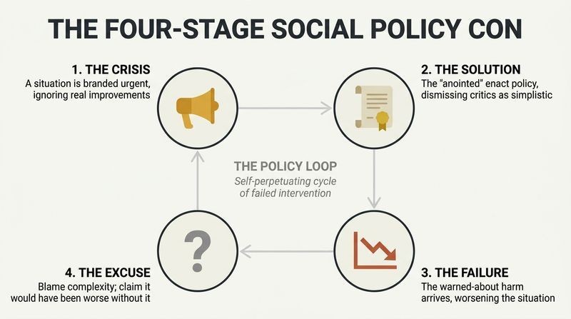 Closed-loop cycle diagram showing how social policies cycle continuously through four stages: crisis, solution, failure, and excuse.