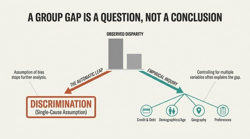 Fork diagram showing how a raw statistical disparity can either lead to an automatic leap assuming discrimination, or an empirical inquiry analyzing multiple contributing variables.