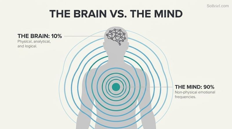 Infographic showing a minimalist human silhouette where the physical brain occupies only ten percent of control, and a massive energetic wave radiating from the core represents the ninety percent control of the mind.