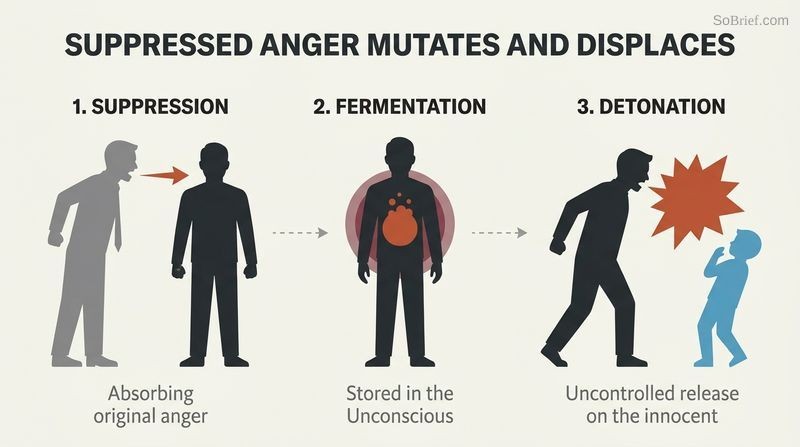 A three-stage sequence showing a man suppressing anger from his boss, storing it as a boiling red core in his chest, and finally exploding in rage at an innocent child.