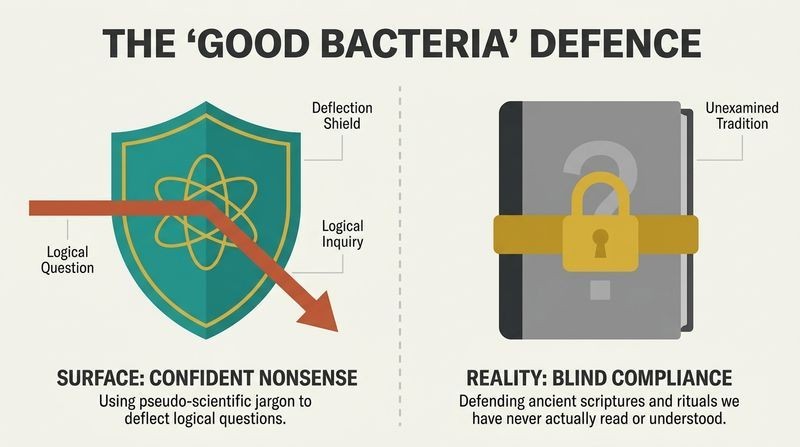 Split panel diagram contrasting the confident pseudo-scientific shield used to defend absurd rituals with the underlying reality of unexamined blind compliance.