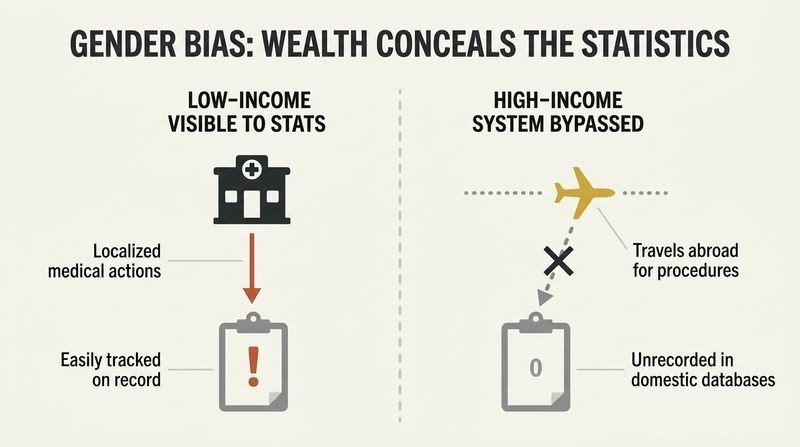 A split-panel diagram contrasting how gender-biased crimes of low-income families are visible in local statistics, while wealthy families bypass tracking entirely by traveling abroad.