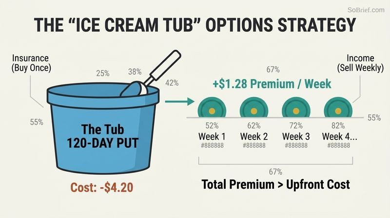Diagram demonstrating the options strategy of buying a single long-dated protective put (the tub) to repeatedly sell profitable weekly puts (the scoops) against it.