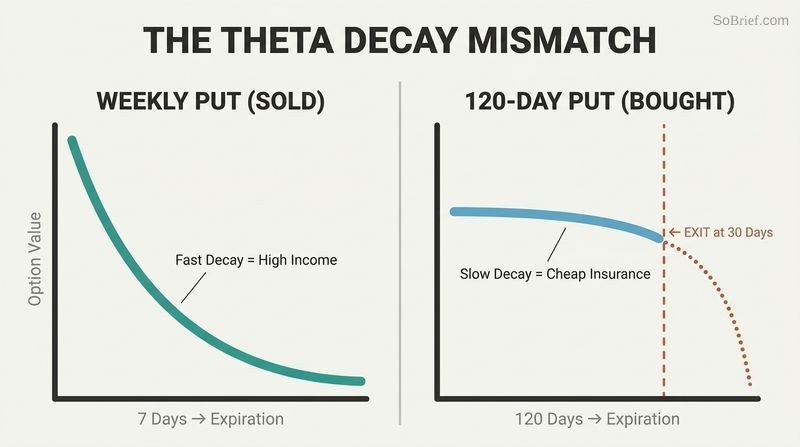 Side-by-side comparison graphs showing rapid time decay of a weekly sold option next to the slow decay of a long-term bought option.