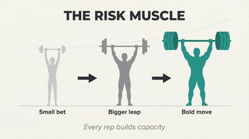 Three progressively stronger silhouette figures lift increasingly heavy weights from left to right, showing how risk-taking capacity grows through repeated practice.