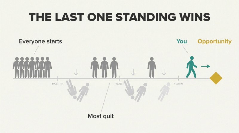 Horizontal timeline path showing many competitor figures dropping off at intervals while one persistent figure reaches a gold opportunity marker at the end.