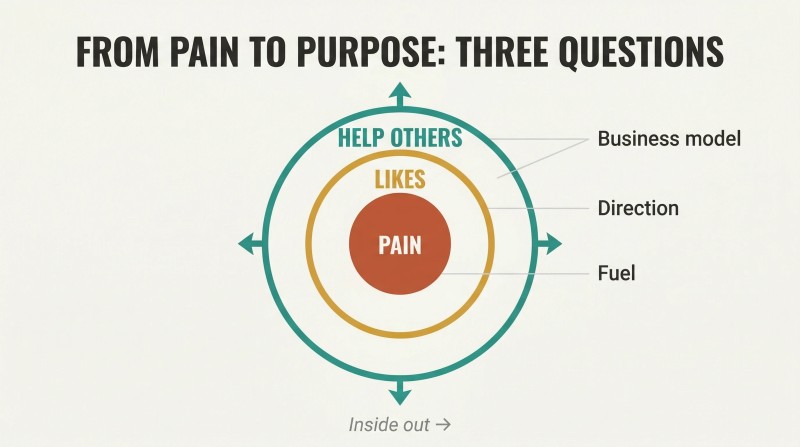 Three concentric circles with pain as the central core, likes as the middle ring, and helping others as the outer ring, showing how purpose radiates outward from personal wounds.